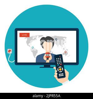 Live news on TV with female newsreader. Hand holding remote control and watching breaking news on TV. Flat vector icon in circle Stock Vector