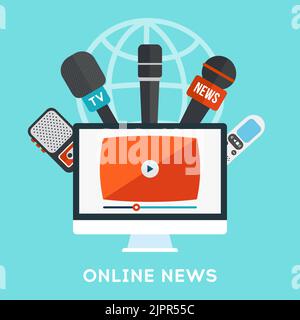 Vector live report concept, live news. Online news broadcasting icon in flat design. Live press conference icon concept. Vector illustration Stock Vector