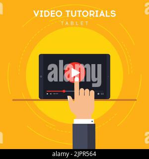 Video tutorial on tablet. Distance education with hand clicking on play button. Online learning at home. Digital course for knowledge growth. Vector Stock Vector