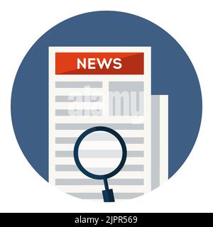 Newspaper with loupe icon. Daily press news concept. Paper page news with magnifying glass. Searching breaking news on newspaper. Flat icon in circle Stock Vector