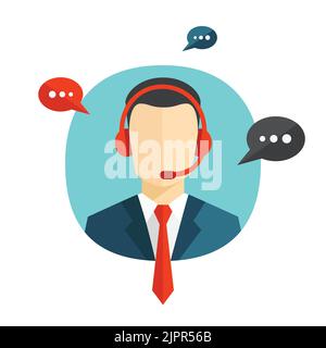 Call centre flat icon. Male call centre operator avatar icon with colorful speech bubbles. Technical support icon. Client services and communication Stock Vector