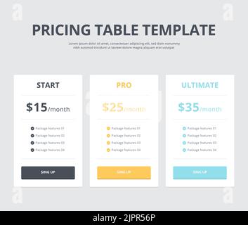 Pricing table template with three plan type - Start, Pro and Ultimate. Website interface template for pricing block. Can be used for website or app Stock Vector