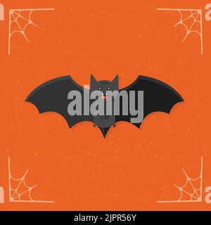 Bat icon. Cartoon horror black flying bat. Flying bat with spread wings. Halloween illustration isolated on stylized orange background. Vector Stock Vector