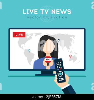 Live news on TV with female newsreader. Hand holding remote control and watching breaking news on TV. Flat icon in circle isolated on white background Stock Vector