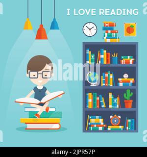 I Love Reading. Man sits on a stock of books and read his favorite book next to the bookcase. Vector flat illustration of education and school, study Stock Vector