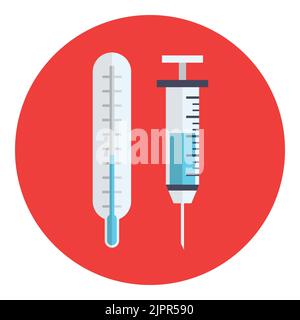 Thermometer and syringe icon. Medical thermometer and syringe flat, cartoon icons in circle. Medical flat icon isolated on white background. Vector Stock Vector