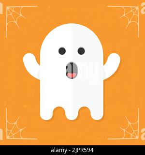 Ghost icon. Cute white cartoon ghost. Halloween illustration isolated on stylized orange background. Vector illustration Stock Vector