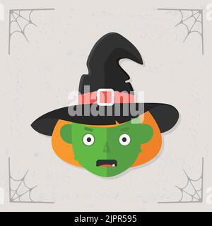 Witch face icon. Witch wearing hat. Halloween illustration isolated on stylized gray background. Vector illustration Stock Vector