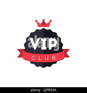 Vip club logo. Exclusive membership badge. Vip club icon design with red crown and ribbon. Creative modern member pass. Premium celebrity access card Stock Vector