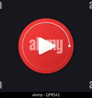 Video play button. Futuristic red color button isolated on black background. Vlog icon with line volume control. Vector element Stock Vector
