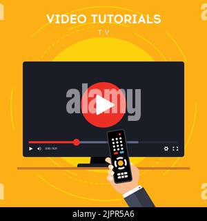 Video tutorial on TV. Distance education on smart TV with remote control. Online learning at home. Digital course for knowledge growth. Vector Stock Vector