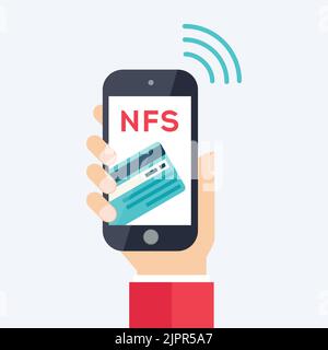 Credit card payment on mobile phone. Digital payment processing concept. Hand holding modern smartphone with credit card on the screen and NFC Stock Vector