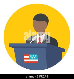 Press conference icon. Dark-skinned man standing at the platform for interview. Speaker on the tribune for speech with USA flag. Flat icon in circle Stock Vector