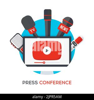 Online press conference icon. Desktop with press conference live video. Computer with microphones and voice recorders. Online mass media event. Intern Stock Vector