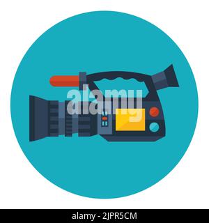Video camera icon. Video camera with microphone. Camcorder icon. Professional video camera. Flat icon in circle isolated on white background. Vector Stock Vector