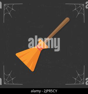 Broom icon. Cartoon witch broom. Wizard besom icon. Halloween illustration isolated on stylized dark background. Vector illustration Stock Vector