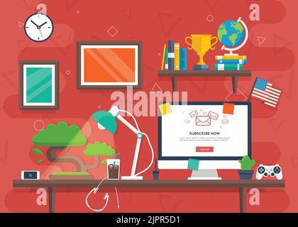 Creative workplace. Modern office. Coworking space. Home workspace with desk, globe, desktop, bonsai tree, frame, lamp, award, use flag and other Stock Vector