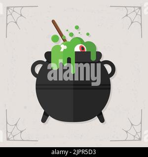 Cauldron icon. Witch cauldron with bubbling green liquid, bones and eye. Magic potion icon. Cute dark boiling cauldron. Halloween illustration Stock Vector