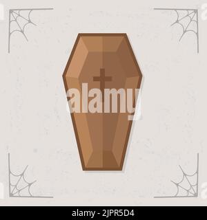 Coffin icon. Wooden vampire coffin. Halloween illustration isolated on stylized gray background. Vector illustration Stock Vector