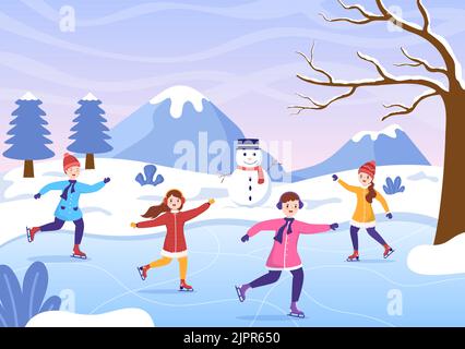 Ice Skating Hand Drawn Cartoon Flat Illustration of Winter Fun Outdoors Sport Activities on Ice Rink with Seasonal Outerwear Stock Vector