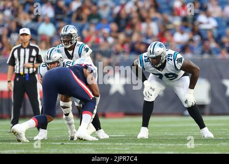 Carolina Panthers offensive tackle Ikem Ekwonu (79) arrives during a joint  NFL football camp with the