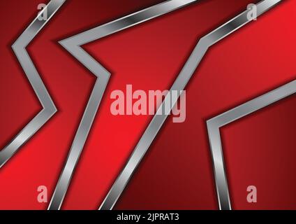 Curved geometric metallic stripes on red background. Abstract tech vector design Stock Vector