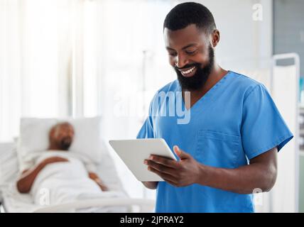 Smiling surgeon reading email about patient health and insurance plan in a hospital. Discovery, innovation and medical breakthrough with happy black Stock Photo