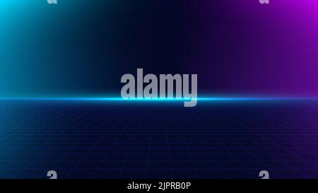 Abstract blue and pink glowing light beam background with lines grid floor retro style. Vector illustration Stock Vector