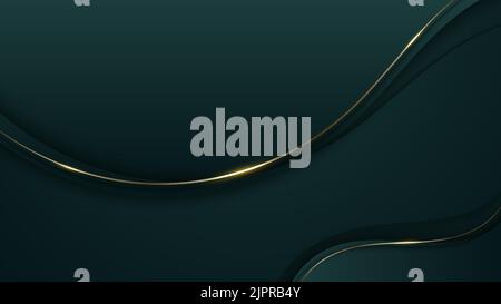 Abstract 3D luxury green color wave lines with shiny golden curved line decoration and glitter lighting on gradient dark background. Vector illustrati Stock Vector