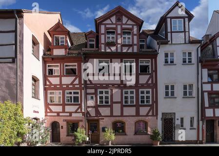 Historic half-timbered houses with dormer windows, totally renovated by the Nuremberg Old Town Friends, Johannesgasse 55 and 57, Nuremberg, Middle Stock Photo