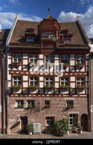 Historic half-timbered house with dormer window, totally renovated by the Nuremberg Old Town Friends, Schlehengasse 15, Nuremberg, Middle Franconia Stock Photo