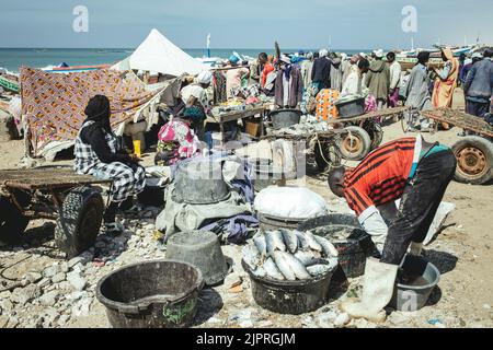 Traditional fishing beach, Plage des Pecheurs Traditionnels, arrival of the fishing boats, Nouakchott, Mauritania Stock Photo