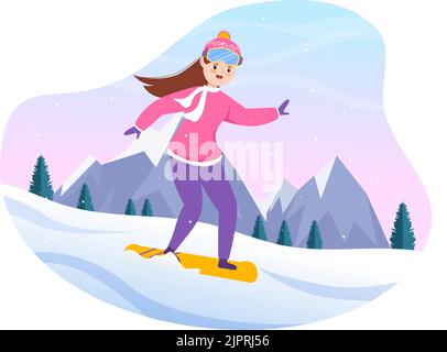 Snowboarding Hand Drawn Cartoon Flat Illustration of People in Winter Outfit Sliding and Jumping with Snowboards at Snowy Mountain Sides or Slopes Stock Vector