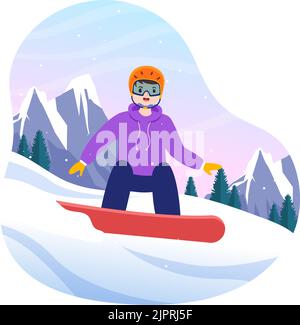 Snowboarding Hand Drawn Cartoon Flat Illustration of People in Winter Outfit Sliding and Jumping with Snowboards at Snowy Mountain Sides or Slopes Stock Vector