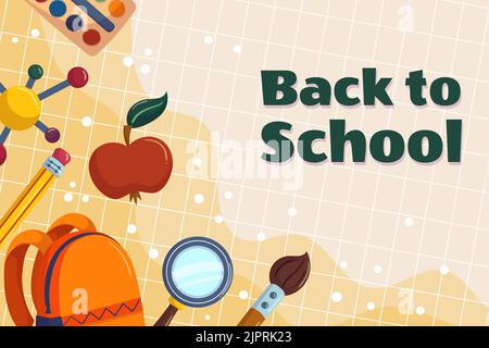 Colorful back to school background template with different studying supplies - bag, yellow pencil with pink eraser, apple molecule, paint brush magnif Stock Vector