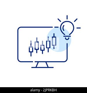Stock trading ideas and learning. Candlestick chart on a computer. Pixel perfect, editable stroke line art icon Stock Vector