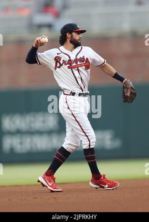 Atlanta Braves shortstop Dansby Swanson (7) throws the ball during spring  training baseball practice on Tuesday, Feb. 23, 2021, in North Port, Fla.  (AP Photo/Brynn Anderson Stock Photo - Alamy