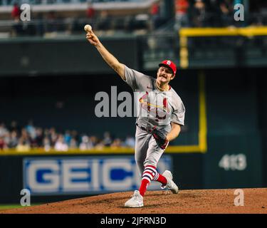 St. Louis Cardinals pitcher Miles Mikolas (39) throws against the Arizona Diamondbacks in the fifth inning during an MLB baseball game, Friday, August Stock Photo