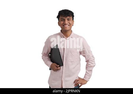 Young peruvian man smiling and looking at camera with a folder, isolated. Stock Photo