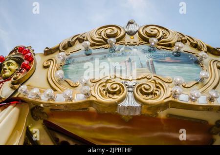 Novi Sad, Serbia - December 13. 2019: Downtown Novi Sad. The decorations on the children's carousel with wooden horses Stock Photo