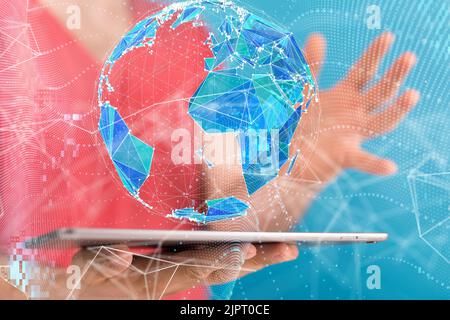 A closeup of a female holding a tablet with a futuristic global network on it Stock Photo
