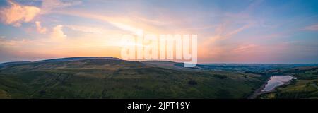 Sunset over Cray Reservoir from a drone, Brecon Beacons, Wales, England Stock Photo