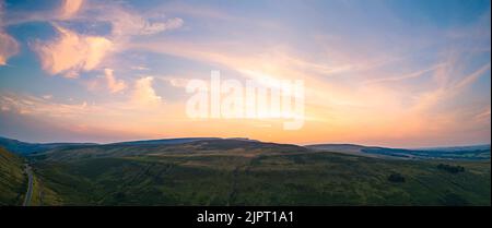 Sunset over Cray Reservoir from a drone, Brecon Beacons, Wales, England Stock Photo