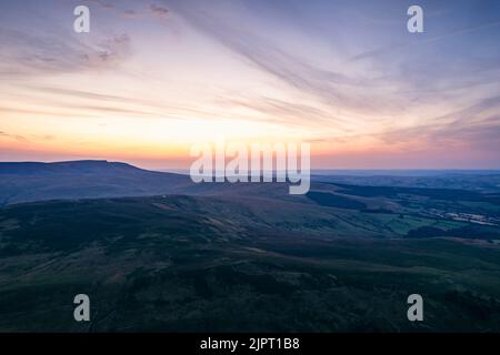 Sunset over Cray Reservoir from a drone, Brecon Beacons, Wales, England Stock Photo