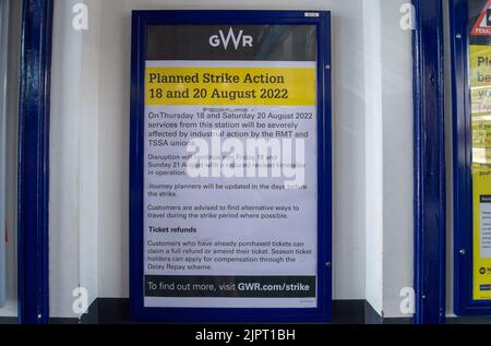 Slough, Berkshire, UK. 20th August, 2022. A Planned Strike Action notice at Slough Railway Station. Rail workers are on strike today. They are striking over pay, job losses and planned ticket office closures. Credit: Maureen McLean/Alamy Live News Stock Photo
