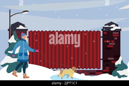 Winter weather. A young woman walks a dog. A walk on the street Stock Vector