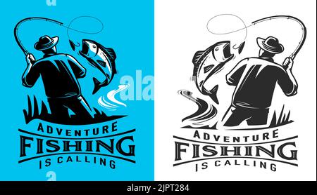 Fishing, adventure is calling. Fisherman caught big fish on spinning rod with bait. Outdoor recreation vector Stock Vector