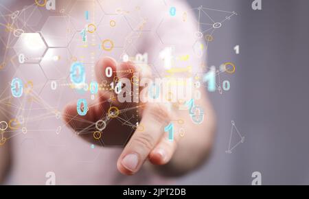 A man tapping a floating 3D rendered number icons Stock Photo