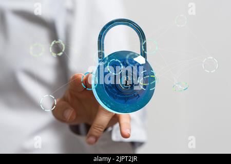 A man tapping floating 3D rendered lock icons Stock Photo