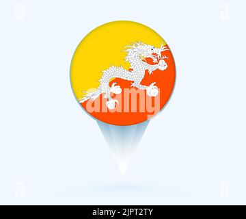 Map pointer with flag of Bhutan. Vector flag sign on blue background. Stock Vector